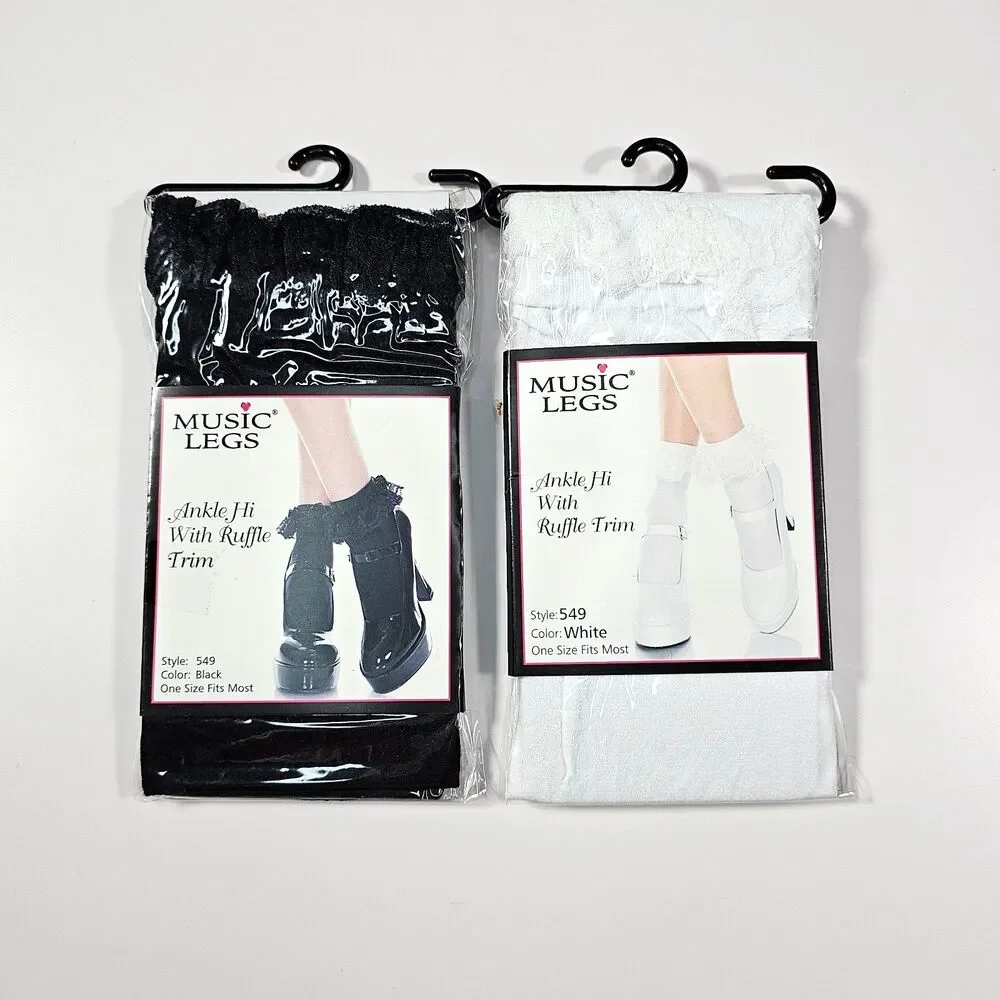 Lot of 2 Music Legs Ankle Socks with Ruffle Trim, Black & White, One Size